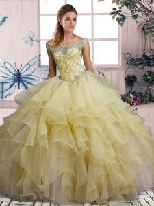 Beading and Ruffles Ball Gown Prom Dress Yellow Lace Up Sleeveless Floor Length