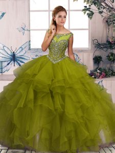 Olive Green Ball Gowns Beading and Ruffles Quinceanera Dress Zipper Organza Sleeveless Floor Length