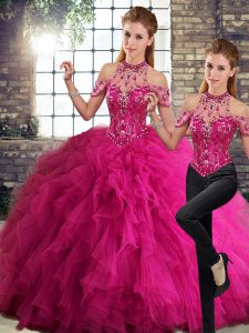 Fuchsia Halter Top Lace Up Beading and Ruffles Sweet 16 Dress Sleeveless