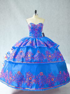 Stylish Sleeveless Floor Length Embroidery Lace Up Quince Ball Gowns with Blue