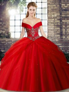 Clearance Red Ball Gowns Off The Shoulder Sleeveless Tulle Brush Train Lace Up Beading and Pick Ups Quinceanera Dresses