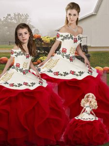 White And Red Lace Up Sweet 16 Dress Embroidery and Ruffles Sleeveless Floor Length