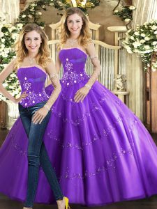 Fine Floor Length Lace Up Quinceanera Dresses Purple for Sweet 16 and Quinceanera with Beading