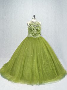 Olive Green Ball Gown Prom Dress Sweet 16 and Quinceanera with Beading Scoop Sleeveless Brush Train Lace Up