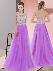 Hot Sale Lavender Zipper Dama Dress Sleeveless Floor Length Lace