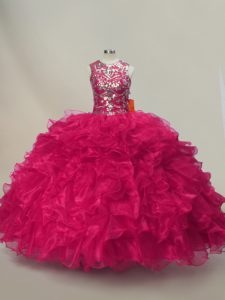 Clearance Hot Pink Ball Gowns Sweetheart Sleeveless Organza Floor Length Lace Up Ruffles and Sequins Ball Gown Prom Dress