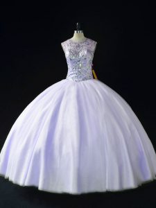 Free and Easy Sleeveless Tulle Floor Length Lace Up 15th Birthday Dress in Lavender with Beading