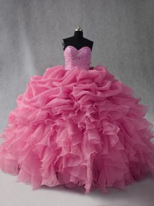 Sleeveless Organza Floor Length Lace Up Quince Ball Gowns in Rose Pink with Beading and Ruffles and Pick Ups