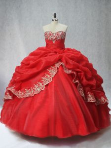 Ball Gowns Sweet 16 Dresses Red Sweetheart Organza Sleeveless Floor Length Lace Up