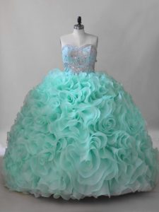 Deluxe Sleeveless Beading Lace Up Quinceanera Gown with Apple Green Brush Train