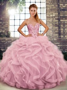 Graceful Pink Ball Gowns Beading and Ruffles Sweet 16 Dresses Lace Up Tulle Sleeveless Floor Length