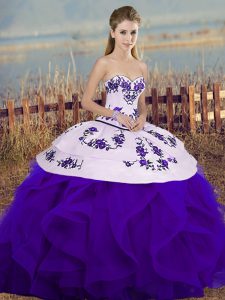 Glamorous Floor Length Lace Up Quinceanera Dresses White And Purple for Military Ball and Sweet 16 and Quinceanera with Embroidery and Ruffles and Bowknot