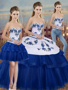Royal Blue Lace Up Quince Ball Gowns Embroidery and Bowknot Sleeveless Floor Length