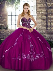 Modest Fuchsia Ball Gowns Sweetheart Sleeveless Tulle Floor Length Lace Up Beading and Embroidery Sweet 16 Quinceanera Dress