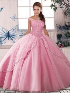 Lovely Rose Pink Quinceanera Dresses Military Ball and Sweet 16 and Quinceanera with Beading Off The Shoulder Sleeveless Brush Train Lace Up