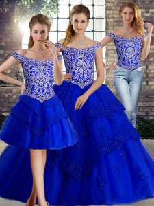 Luxury Beading and Lace Sweet 16 Dresses Royal Blue Lace Up Sleeveless Brush Train