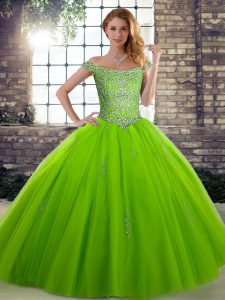 Ball Gowns Off The Shoulder Sleeveless Tulle Floor Length Lace Up Beading Quinceanera Gown