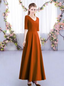 Custom Designed V-neck Half Sleeves Quinceanera Dama Dress Ankle Length Ruching Rust Red Satin