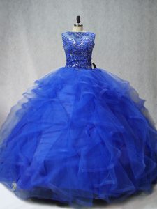 Sleeveless Beading and Ruffles Lace Up Quinceanera Gowns with Royal Blue Brush Train