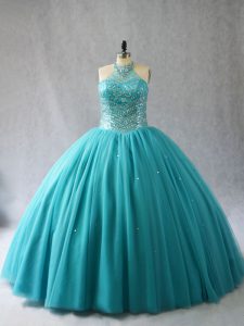 New Style Sleeveless Beading Lace Up Sweet 16 Quinceanera Dress with Aqua Blue Brush Train
