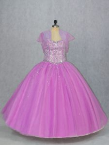 Stylish Sleeveless Tulle Floor Length Lace Up Sweet 16 Dress in Lilac with Beading
