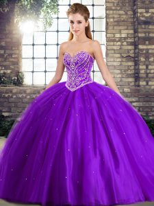 Traditional Brush Train Ball Gowns 15 Quinceanera Dress Purple Sweetheart Tulle Sleeveless Lace Up