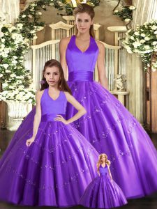 Delicate Purple Tulle Lace Up 15 Quinceanera Dress Sleeveless Floor Length Beading