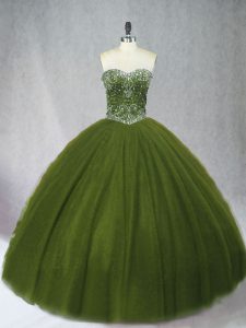 Sexy Olive Green Ball Gowns Sweetheart Sleeveless Tulle Floor Length Lace Up Beading Quinceanera Dresses