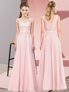 Stunning Baby Pink Zipper Scoop Beading and Appliques Quinceanera Court of Honor Dress Chiffon Sleeveless
