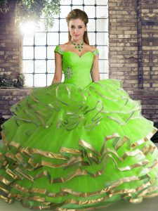Inexpensive Off The Shoulder Neckline Beading and Ruffled Layers Quinceanera Gown Sleeveless Lace Up