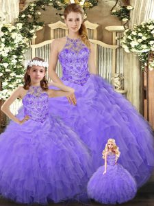 Halter Top Sleeveless Tulle Quince Ball Gowns Beading and Ruffles Lace Up