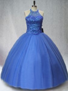 Artistic Blue Sleeveless Floor Length Beading Lace Up 15 Quinceanera Dress