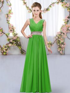 Chiffon V-neck Sleeveless Lace Up Beading and Belt Dama Dress in Green