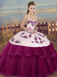 Sleeveless Floor Length Embroidery and Bowknot Lace Up Quinceanera Dresses with Fuchsia