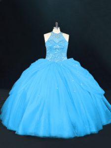 Admirable Aqua Blue Lace Up Halter Top Beading Quince Ball Gowns Tulle Sleeveless