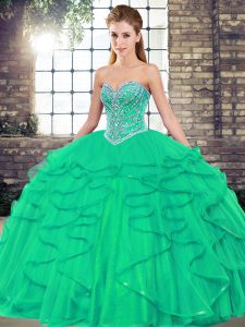 Sleeveless Tulle Floor Length Lace Up 15 Quinceanera Dress in Turquoise with Beading and Ruffles