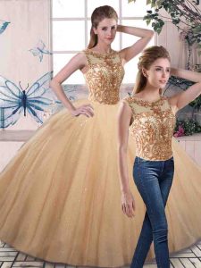 Pretty Floor Length Lace Up 15th Birthday Dress Gold for Military Ball and Sweet 16 and Quinceanera with Beading