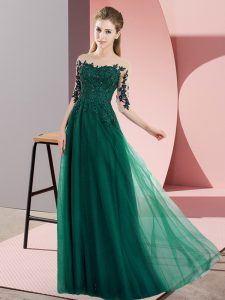 Dark Green Bateau Neckline Beading and Lace Dama Dress for Quinceanera Half Sleeves Lace Up