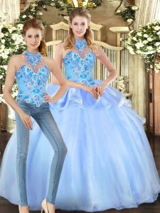 Fitting Sleeveless Floor Length Embroidery Lace Up 15th Birthday Dress with Blue