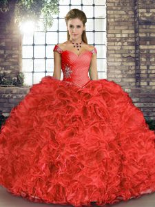 Lovely Coral Red Organza Lace Up Off The Shoulder Sleeveless Floor Length Sweet 16 Dress Beading and Ruffles