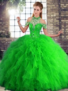 Latest Green Vestidos de Quinceanera Military Ball and Sweet 16 and Quinceanera with Beading and Ruffles Halter Top Sleeveless Lace Up