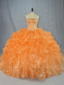 Amazing Orange Organza Lace Up Vestidos de Quinceanera Sleeveless Floor Length Beading and Ruffles
