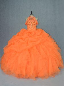 Fancy Orange Lace Up High-neck Beading and Ruffles Vestidos de Quinceanera Organza Sleeveless
