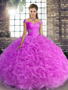 Dynamic Off The Shoulder Sleeveless Lace Up Sweet 16 Dress Lilac Fabric With Rolling Flowers