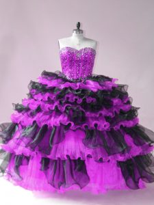Sweetheart Sleeveless 15 Quinceanera Dress Floor Length Beading and Ruffled Layers Black And Purple Organza