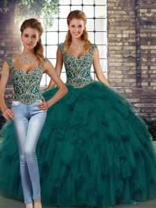 Free and Easy Peacock Green Sleeveless Beading and Ruffles Floor Length 15th Birthday Dress