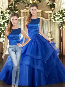 Royal Blue Lace Up Quinceanera Gowns Ruffled Layers Sleeveless Floor Length