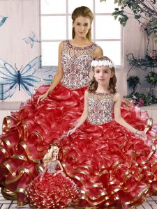 Luxurious Red Ball Gowns Beading and Ruffles Quinceanera Gown Lace Up Organza Sleeveless Floor Length