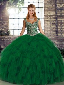 Latest Sleeveless Organza Floor Length Lace Up 15th Birthday Dress in Green with Beading and Ruffles