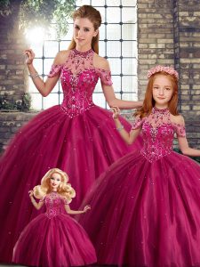 Fuchsia Ball Gowns Tulle Halter Top Sleeveless Beading Lace Up Sweet 16 Quinceanera Dress Brush Train